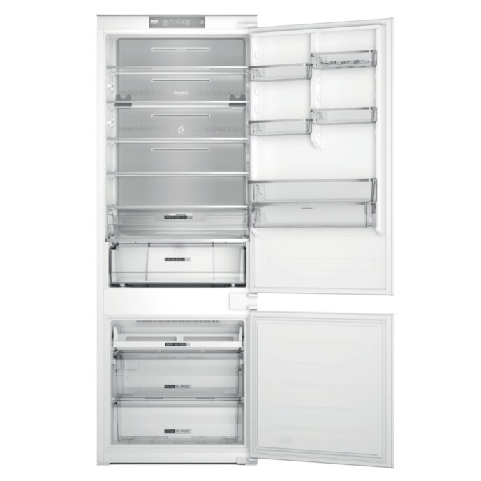 Frigorifero Combinato da Incasso Whirlpool WH SP70 T1212 - Capacità 394 Litri Immagine del frigorifero combinato da incasso Whirlpool WH SP70 T1212 con capacità di 394 litri, tecnologia No Frost e ripiani in vetro.